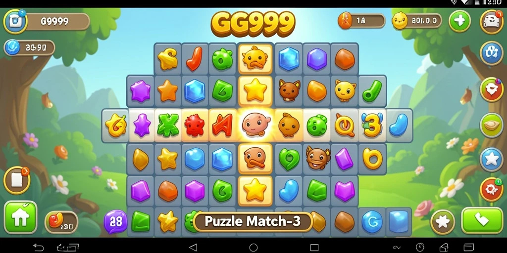 Tampilan antarmuka GG999 yang menarik dan penuh warna dalam game Puzzle Match-3.