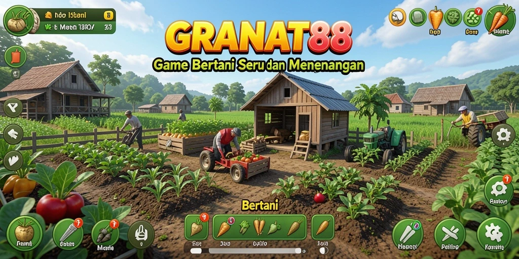 Tampilan utama GRANAT88 menampilkan kebun yang indah dan alat pertanian.